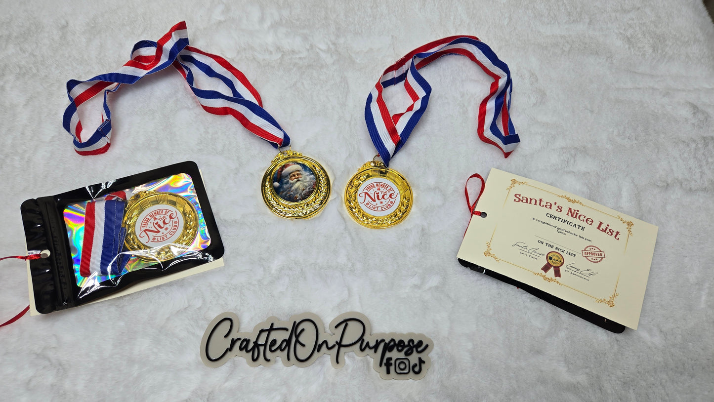 Santa ' nice list club " medal and certificate